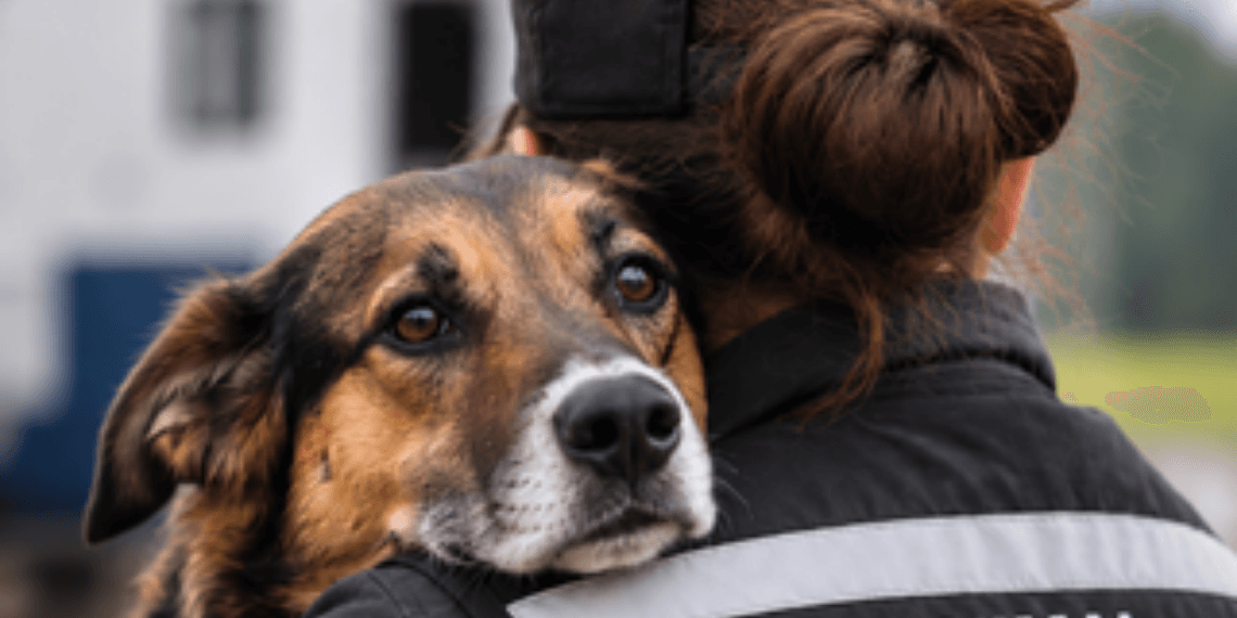 person holding dog who's head is over their shoulder